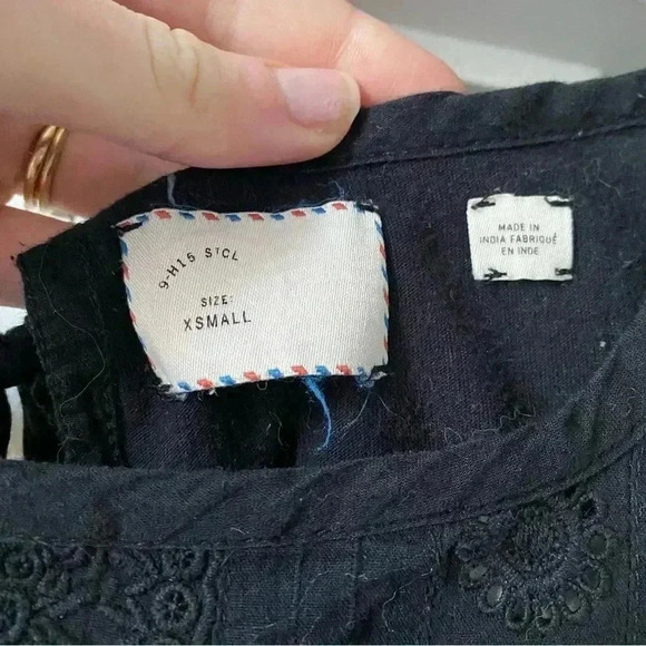 Anthropologie 9H15STCL Black Women’s Blouse with Embroidered Detail and Tie Back - Picture 3 of 6